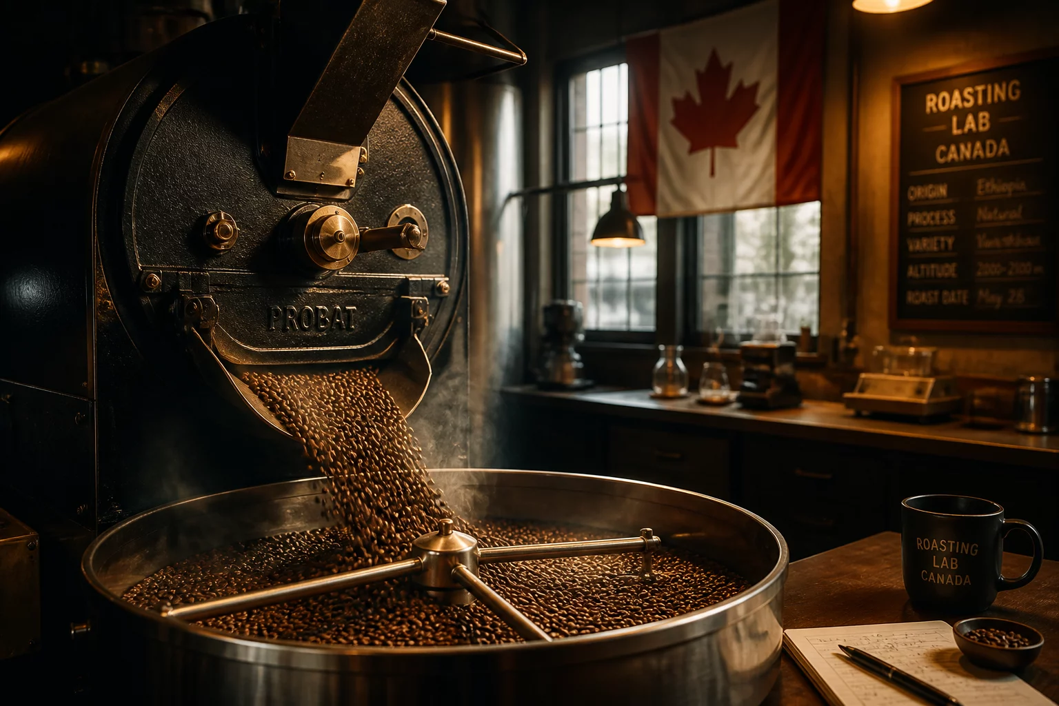 Cargos Coffee artisanal roastery lab and roasting drum